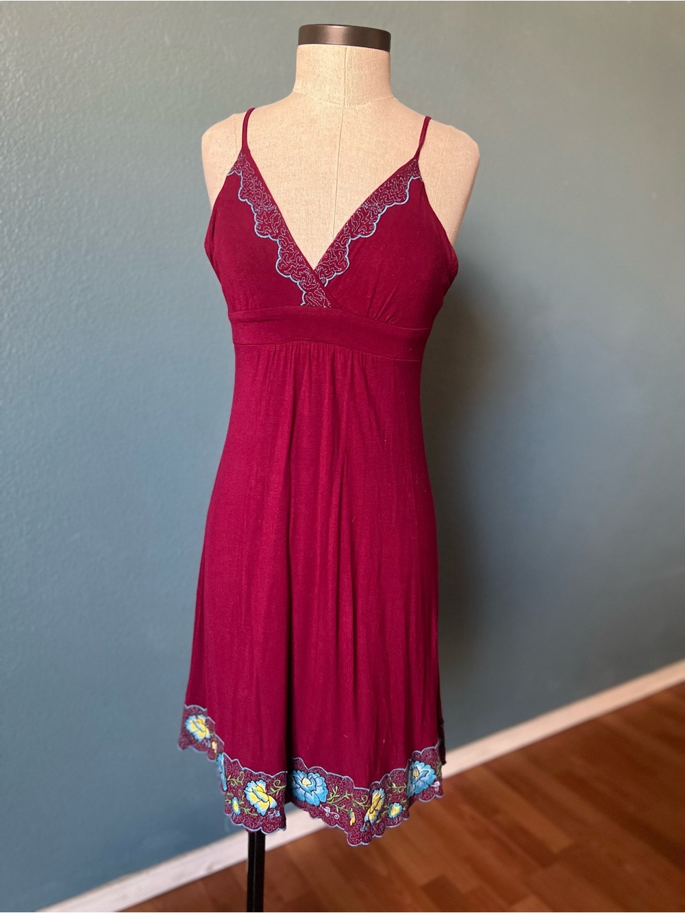 Ecote Burgundy Slip mini dress with light blue floral Embroidered Detail